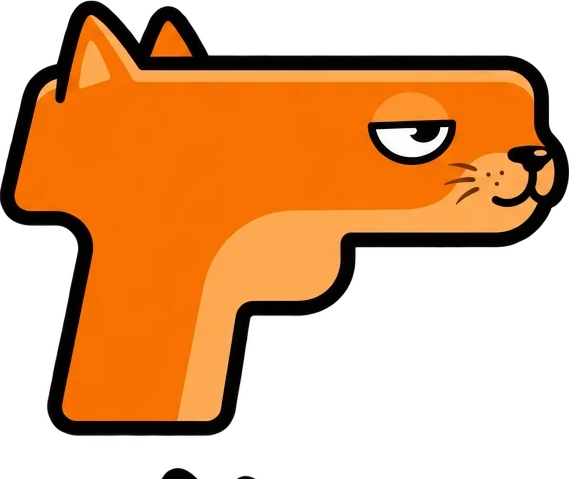 CAGUN: an orange cat shaped like a pistol, with small ears on top and a half-closed, unimpressed eye